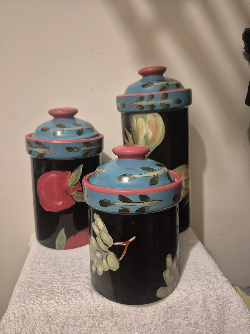 Hand-Painted Ceramic Droll Too Fruit Canister Set